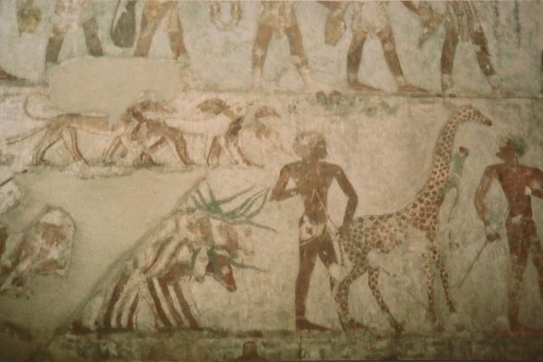 Windhunde mit Giraffe und Ägyptern